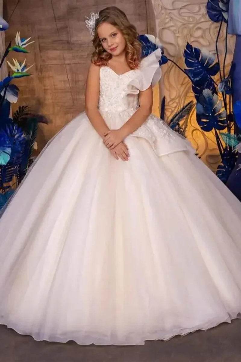 A-Line V-Neck Sleeveless Tulle Sweep-Brush Train Flower Girl Dresses 915121553468 - COCOMELODY
